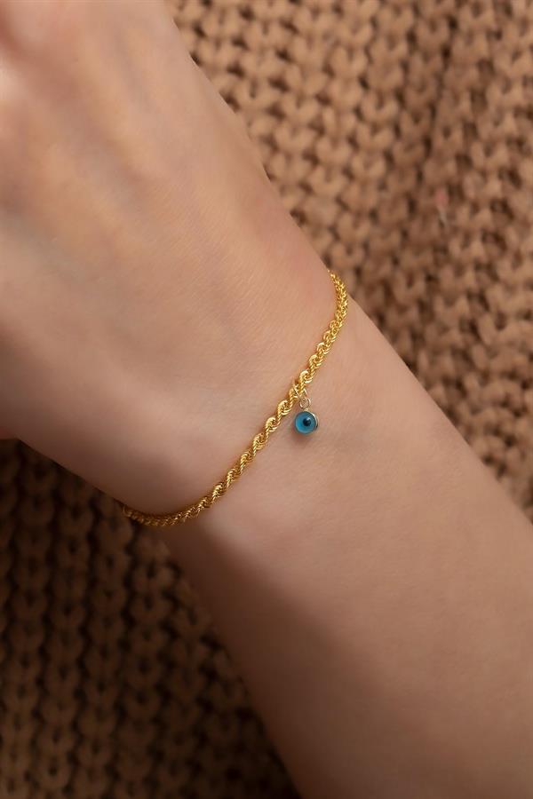 14K Solid Gold Rope Twist Bracelet with Blue Evil Eye Beads