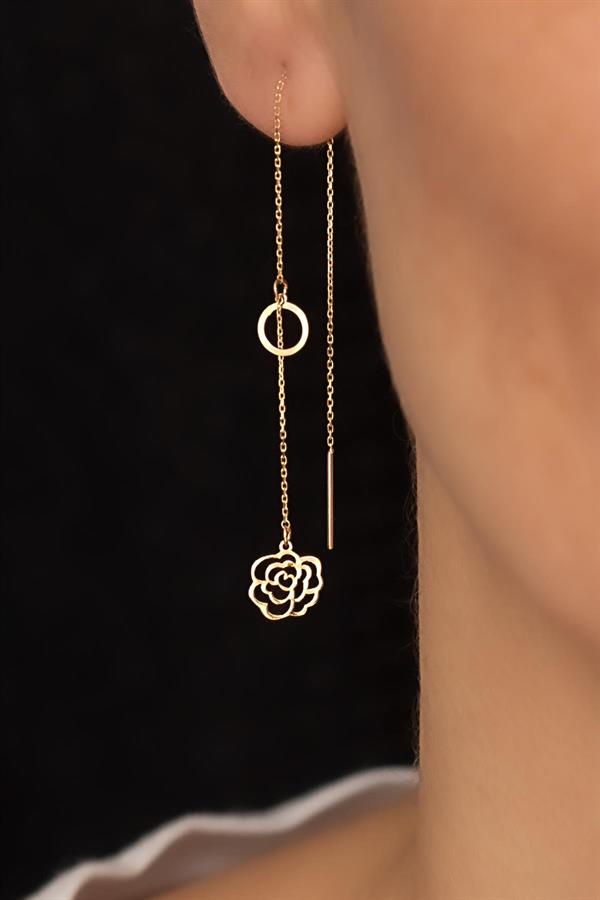 14K Solid Gold Hoop Rose Pattern Chain Earrings