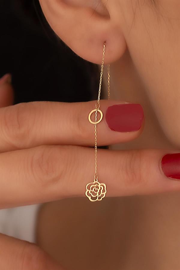 14K Solid Gold Hoop Rose Pattern Chain Earrings