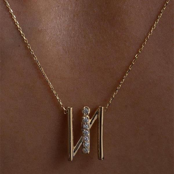 14K Solid Gold Stone Lamelle I Letter Necklace