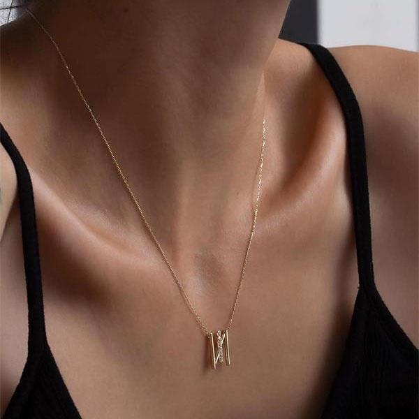 14K Solid Gold Stone Lamelle I Letter Necklace