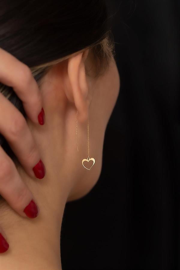 14K Solid Gold Hollow Heart Chain Earrings