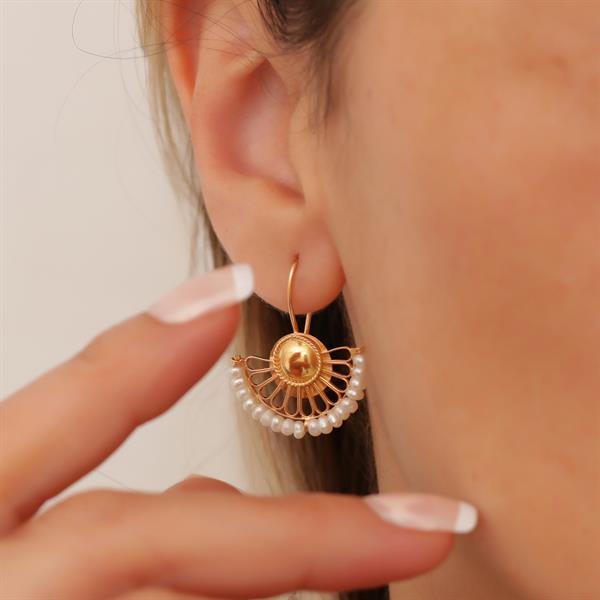 14K Solid Gold Pearl Fan Earrings