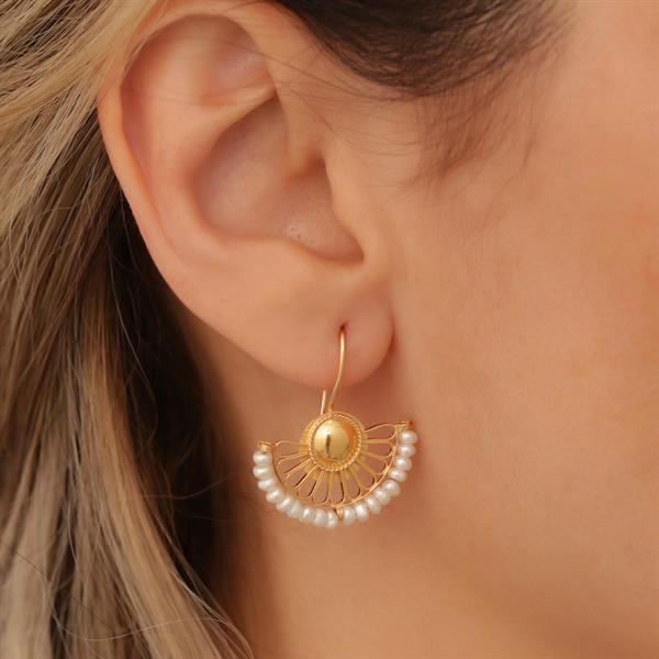 14K Solid Gold Pearl Fan Earrings