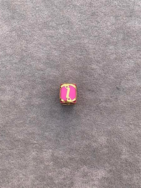 14K Solid Gold Caged Pink Bead Letter I Pendant