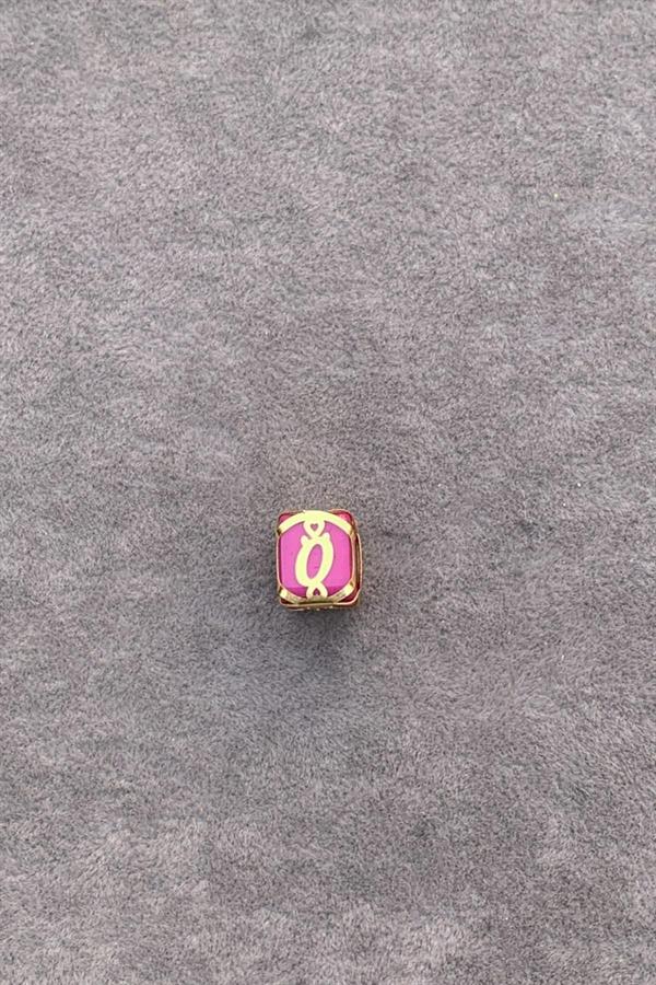 14K Solid Gold Caged Pink Bead O Letter Pendant