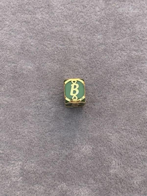 14K Solid Gold Caged Green Bead Letter B Pendant