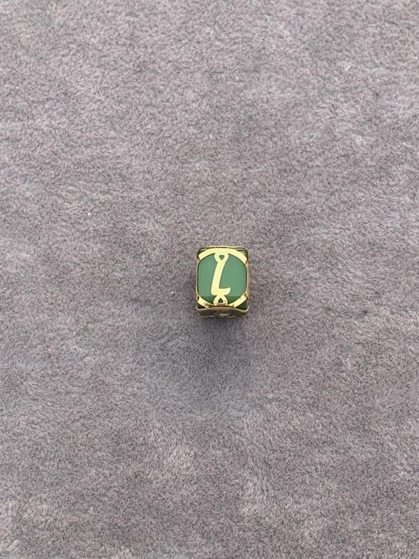 14K Solid Gold Caged Green Bead L Letter Pendant