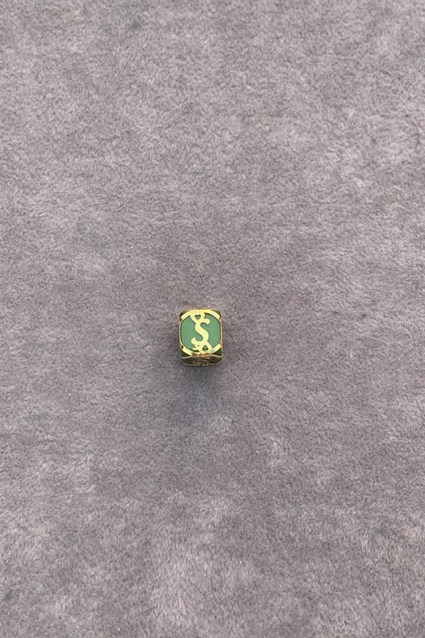 14K Solid Gold Caged Green Bead S Letter Pendant