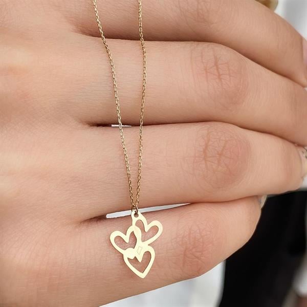 14K Solid Gold Hearts Circle Necklace