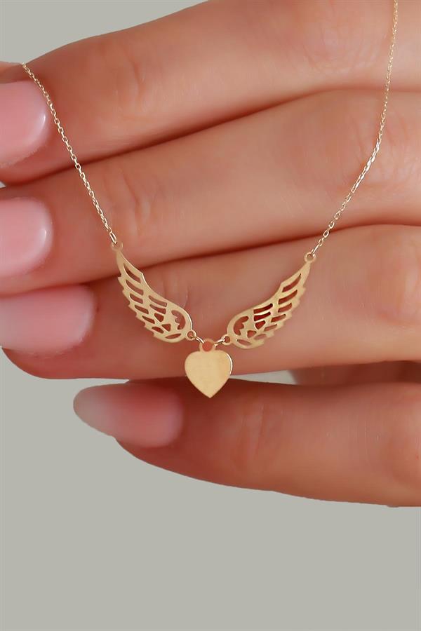 14K Solid Gold Heart Angel Wing Feriha Necklace