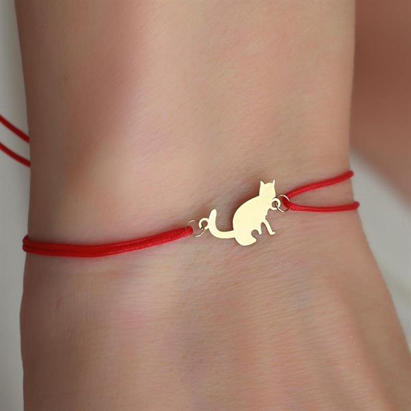 Red String Bracelet with 14K Solid Gold Cat