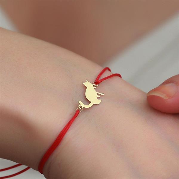 Red String Bracelet with 14K Solid Gold Cat