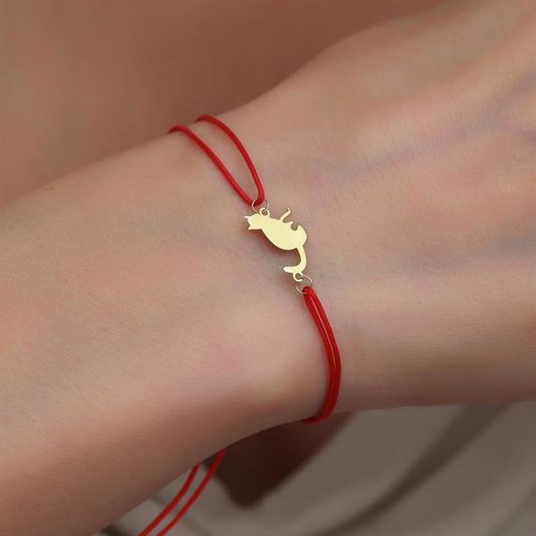 Red String Bracelet with 14K Solid Gold Cat