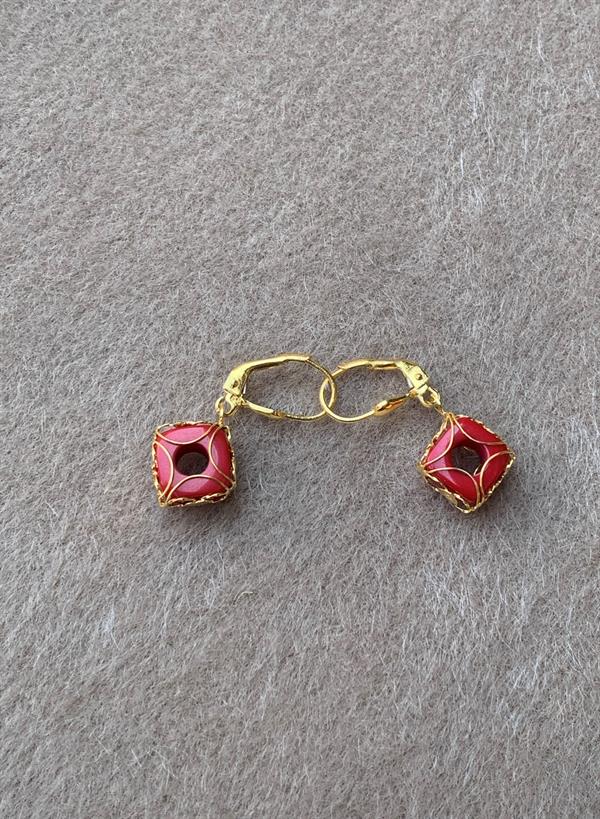 14K Solid Gold Red Beaded Caged Earrings