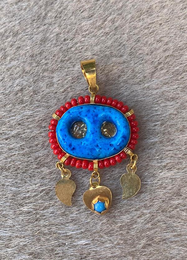 14K Solid Gold Red Beaded Assyrian Evil Eye Two-Eyed Pendant