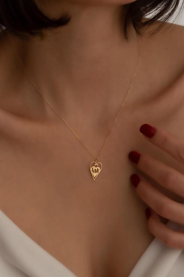 14K Solid Gold Love Bow Heart Necklace
