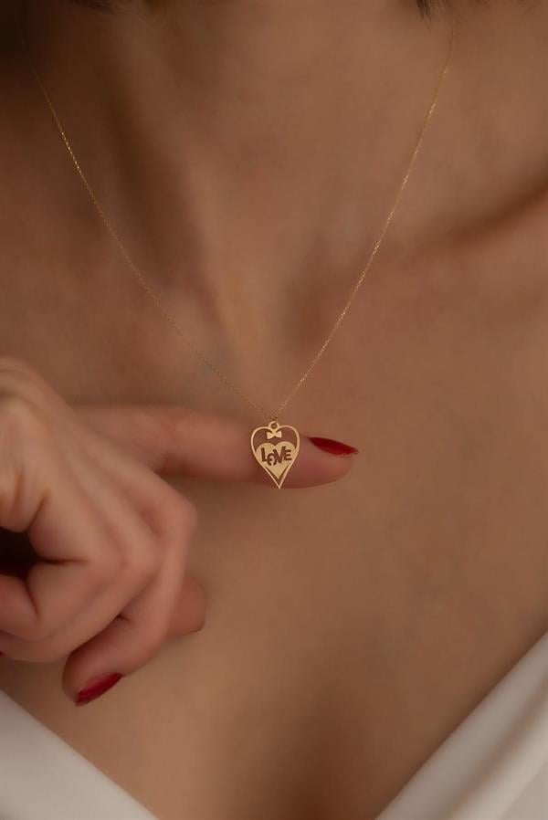 14K Solid Gold Love Bow Heart Necklace