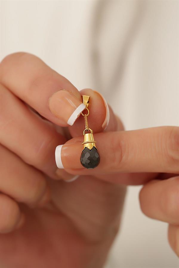  14K Solid Gold Mardin Work Black Pomegranate Seed Pendant