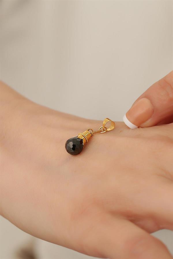  14K Solid Gold Mardin Work Black Pomegranate Seed Pendant