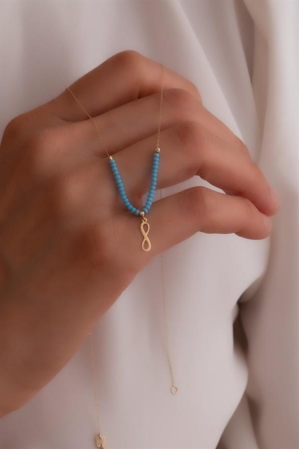 14K Solid Gold Blue Beaded Infinity Necklace
