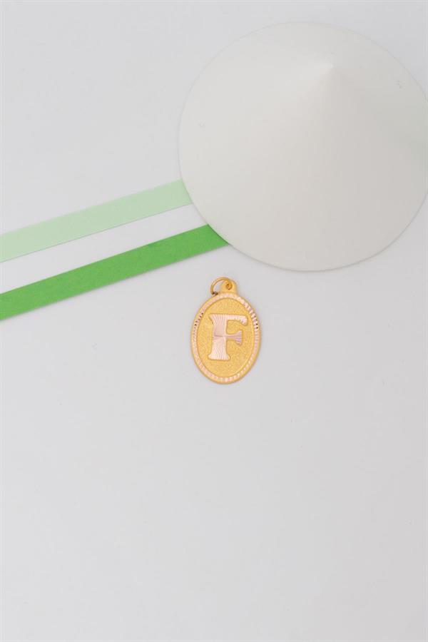 14K Solid Gold Nostalgic Oval Letter F Pendant
