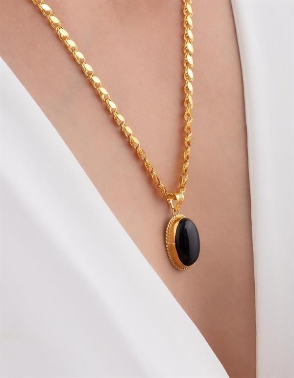 14K Solid Gold Oval Onix Sequin Aleppo Necklace