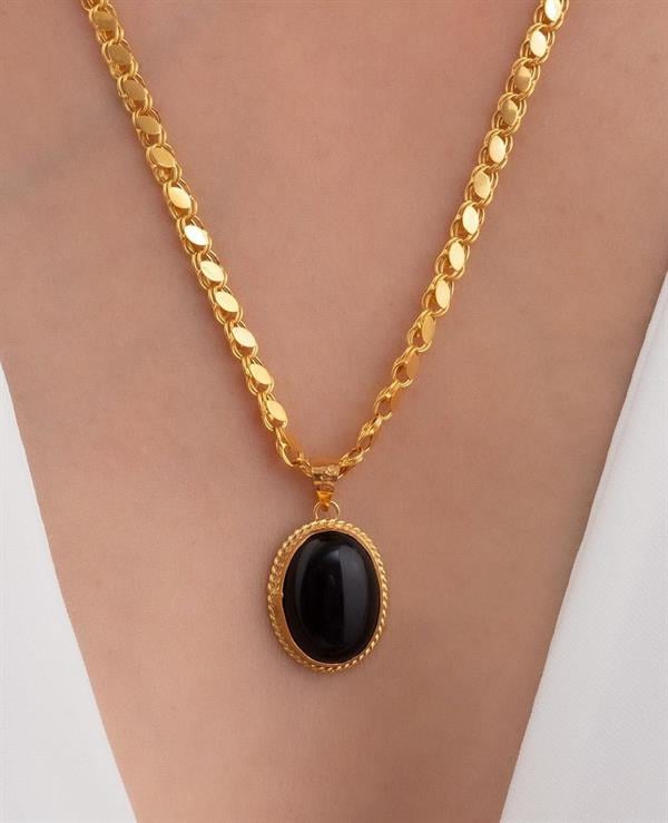 14K Solid Gold Oval Onix Sequin Aleppo Necklace