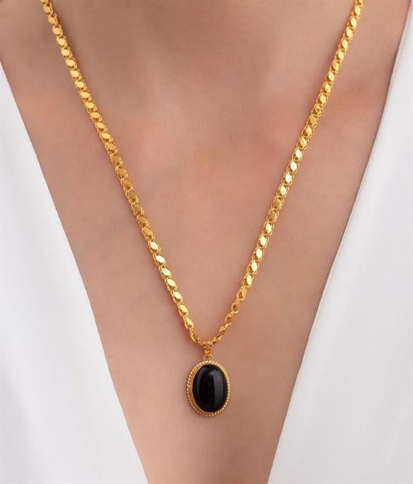 14K Solid Gold Oval Onix Sequin Aleppo Necklace