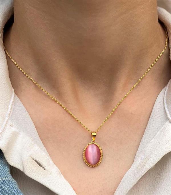 14 Ayar Altın Pembe Kaplan Gözlü Kolye