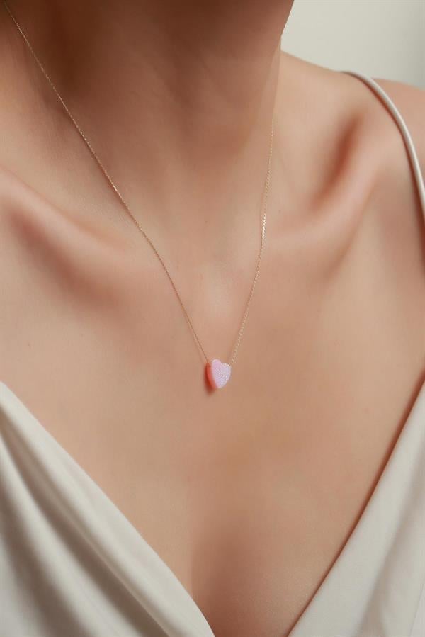 14 Ayar Altın Pembe Opal Taşlı Kalp Kolye