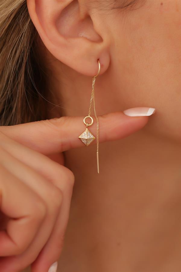 14K Solid Gold Pyramid Chain Earrings