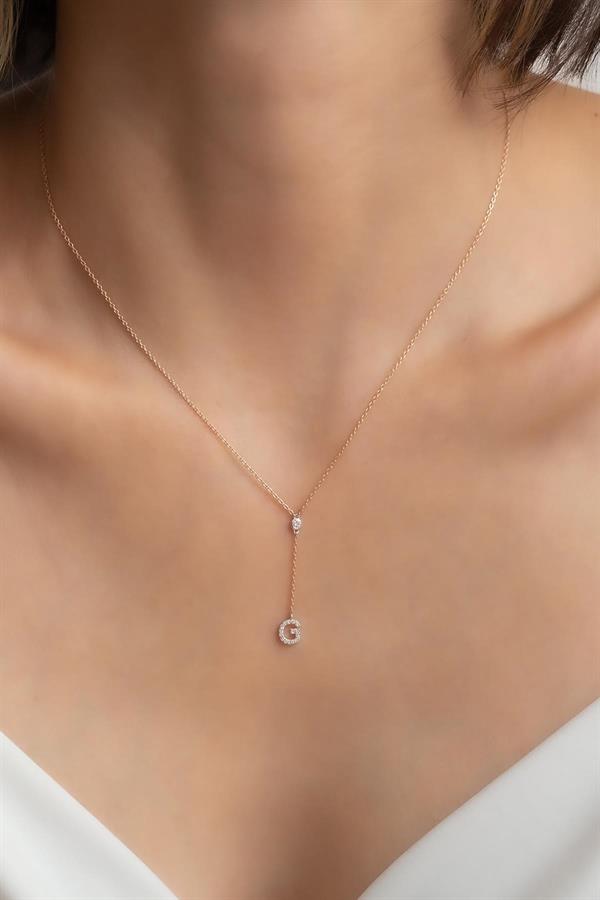 14K Solid Gold Diamond G Letter Litera Necklace