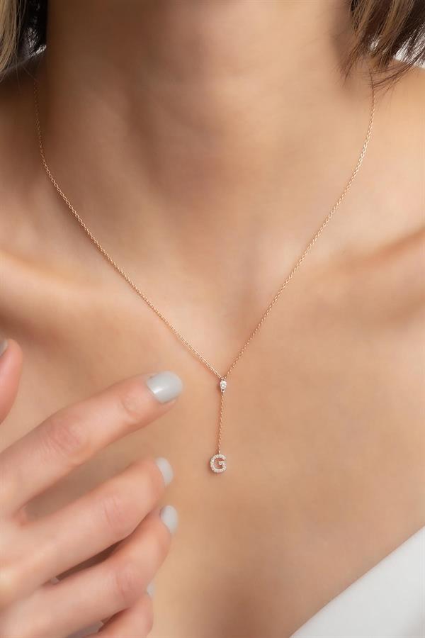 14K Solid Gold Diamond G Letter Litera Necklace