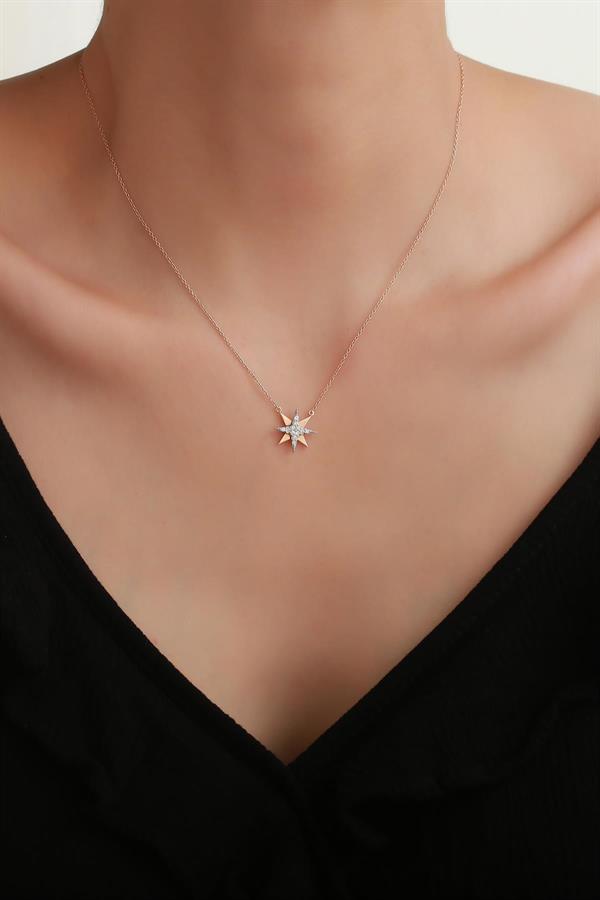 14K Solid Gold Diamond Pole Star Necklace