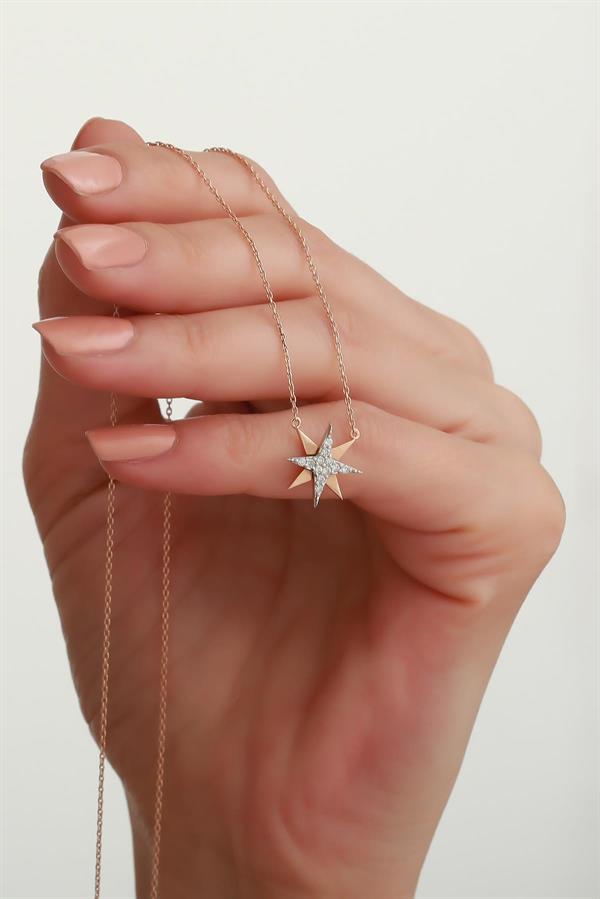 14K Solid Gold Diamond Pole Star Necklace