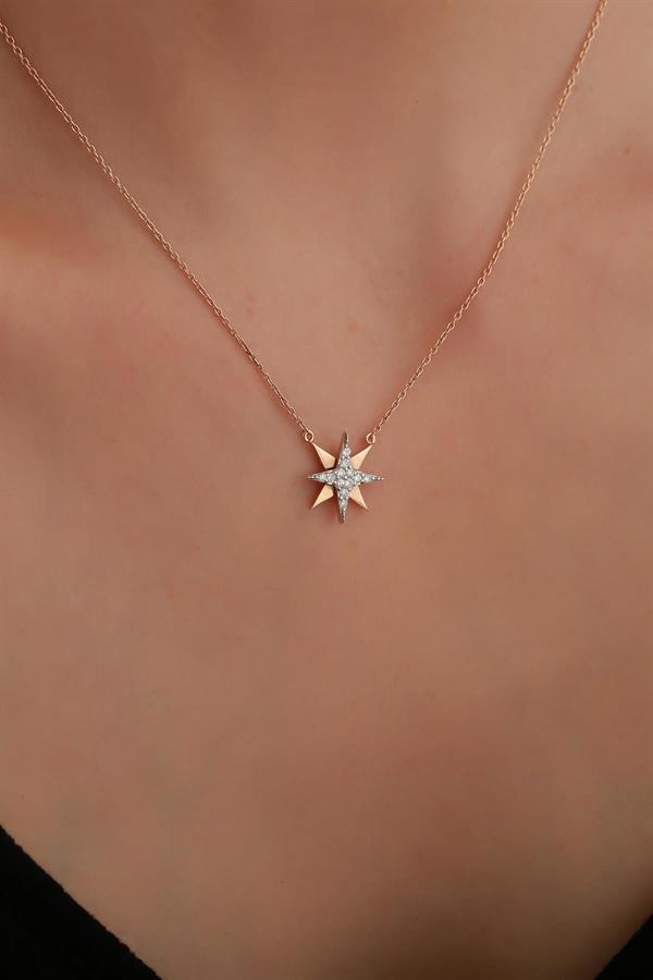 14K Solid Gold Diamond Pole Star Necklace