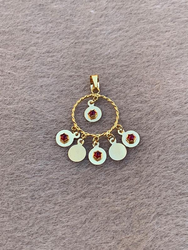 14K Solid Gold Sequined Red Stone Pendant