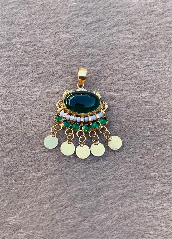 14K Solid Gold Sequin Green Stone Pendant