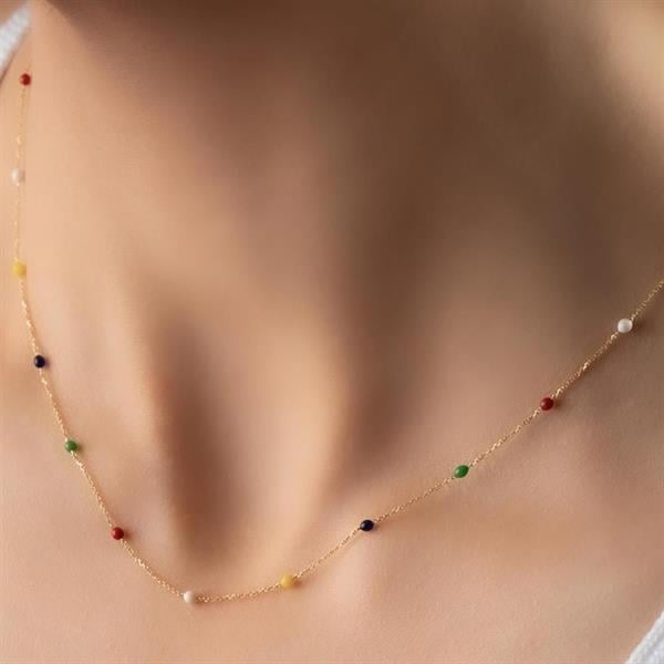 14K Gold Rainbow Colored Beaded Necklace