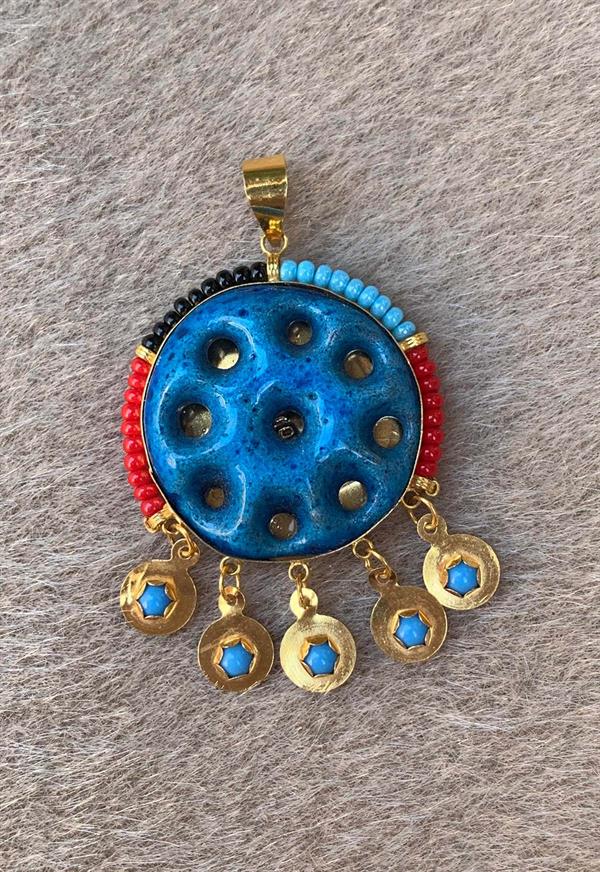 14K Solid Gold Colored Beaded Assyrian Evil Eye Pendant with Nine Eyes