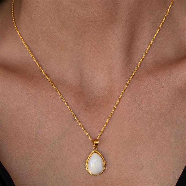 14K Solid Gold Mother of Pearl Stone Necklace Drop Model