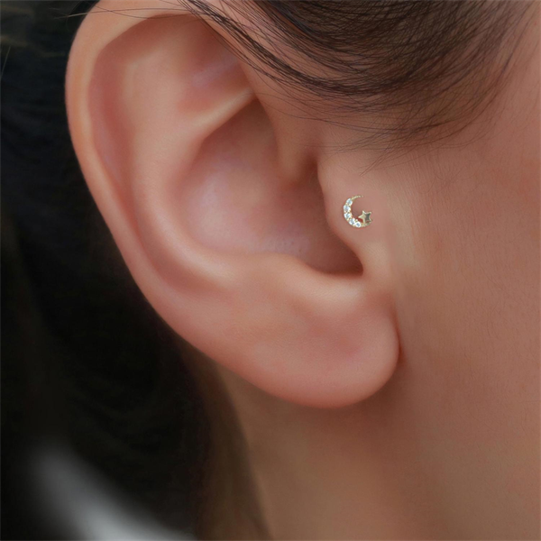 14 Ayar Altın Taşlı Ay Yıldız Tragus Piercing