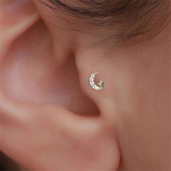 14 Ayar Altın Taşlı Ay Yıldız Tragus Piercing