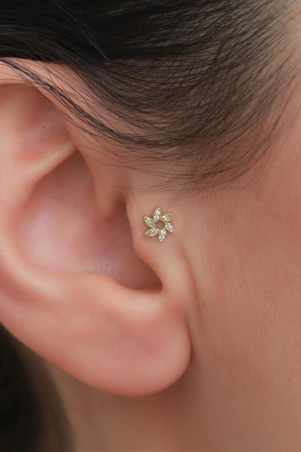 14K Solid Gold Stone Flower Tragus Piercing