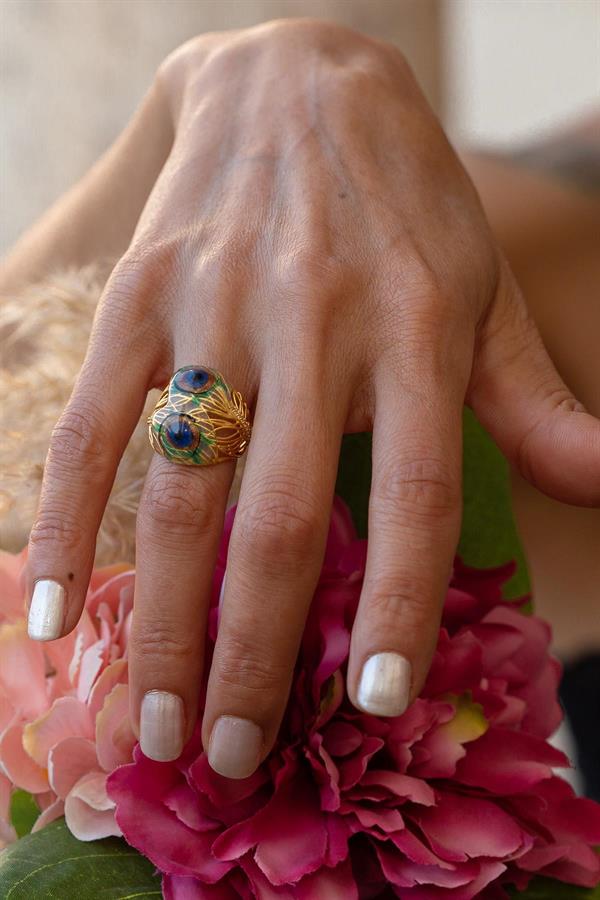 14K Solid Gold Peacock Green Ring
