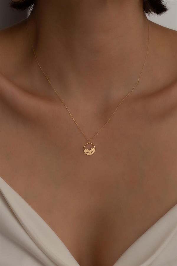 14K Solid Gold Three Heart Ring Necklace