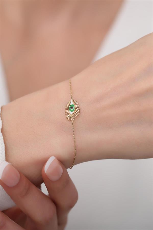  14K Solid Gold Upea Green Eyelash Eye Bracelet