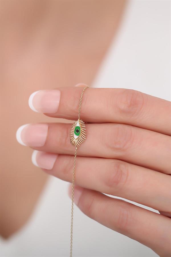  14K Solid Gold Upea Green Eyelash Eye Bracelet