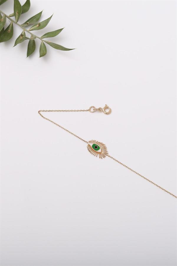  14K Solid Gold Upea Green Eyelash Eye Bracelet